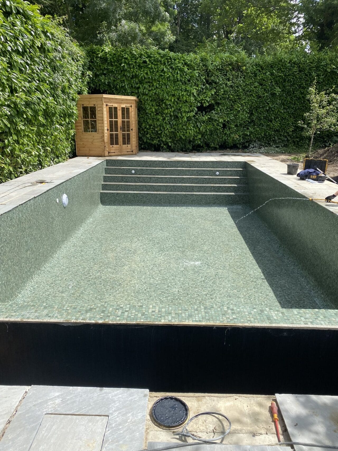 UK Swimming Pools – Contemporary Rectangular Pool with Mosaic Finish and Summerhouse 35